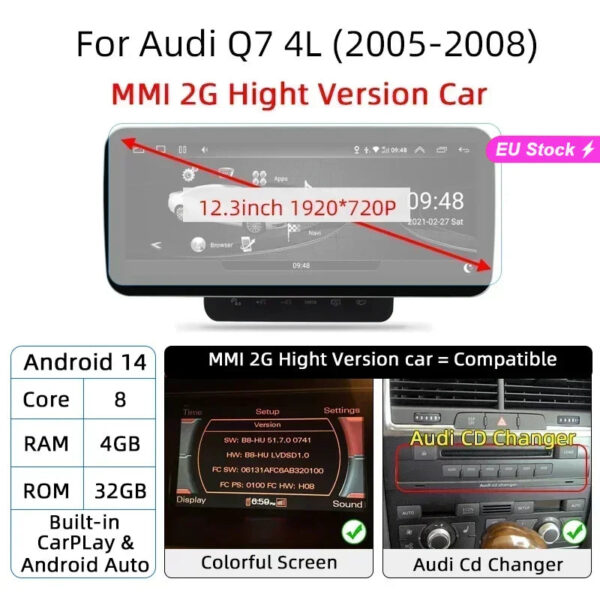 Android 14 Car Screen Player For Audi Q7 4L 2005-2015 GPS Navi Multimedia Stereo 8+128GB RAM 5G WIFI Carplay Qualcomm 8 Core - Image 12