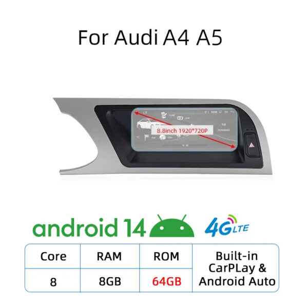 Nunoo Android 14 CarPlay Car Radio Player For Audi A4 A5 A6 Q7 MMI 2G Basic Red Screen GPS Navi Multimedia Stereo WiFi - Image 22