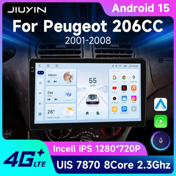 Android 15 Wireless CarPlay Auto Car Radio For Peugeot 206 206CC 206SW 2001-2008 Car Intelligent Systems DSP SWC RDS GPS FM