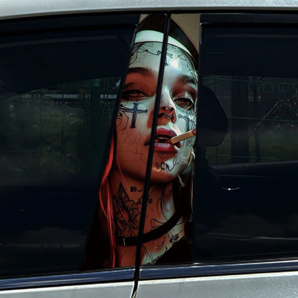 1PC/2PCS Somking Nun Sister Auto B-pillar Stickers Car Center Column Decoration Cover Scratches Waterproof Decals Accessories - Image 6