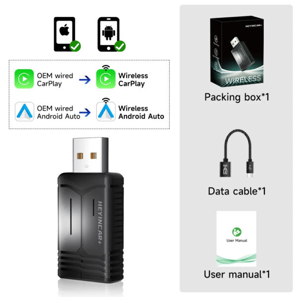 2025 HEYINCAR 2in1 Wireless Android Auto Adapter  Carplay Smart Dongle Plug and Play For  Kia Volvo Audi MG Opel VW Hyundai Jeep - Image 7